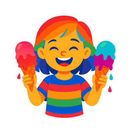 A smiling girl with rainbow hair holds two melting ice cream cones, enjoying the sweetness of summer fun in vibrant, multicolored style. Vector isolated bright illustration on white background.のイラスト素材