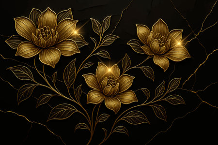 Luxury glowing gold 3d flowers leaves vector pattern on textured cracked black background. Japanese style beautiful modern floral composition. Marble texture with golden lines. Ornate design.のイラスト素材