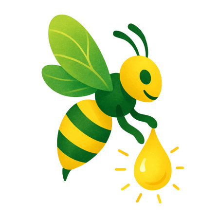Bee carrying a glowing drop of light, symbol of biodiversity and sustainability. Flat vector isolated illustration in green and yellow on white background.のイラスト素材