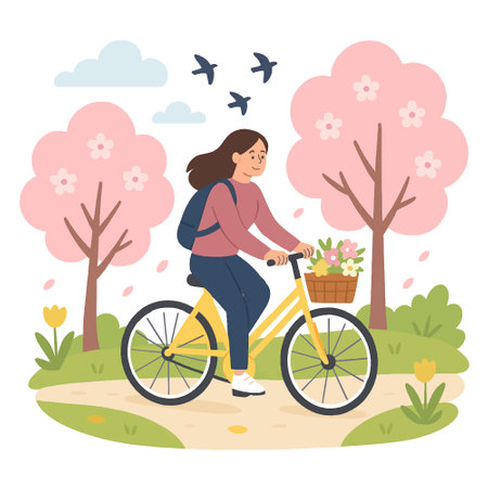 Young woman riding a bicycle through a park with blooming cherry trees and flying petals. Spring scene with flowers, birds and fresh green nature. Flat cartoon style isolated vector illustration.のイラスト素材