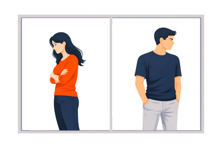 Flat vector illustration of a man and woman separated by a window frame, symbolizing emotional...