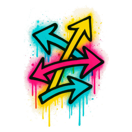 Colorful graffiti spray paint illustration of crossed arrows with drips and splatters. Vibrant urban...