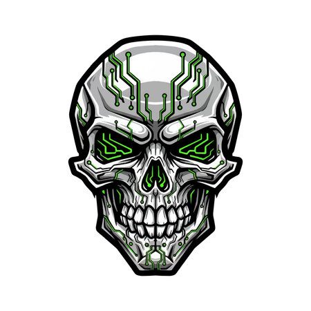 Futuristic cyberpunk skull sticker featuring glowing green circuit board patterns. Edgy robotic cranium vector illustration in a high-tech sci-fi style on a white background.のイラスト素材