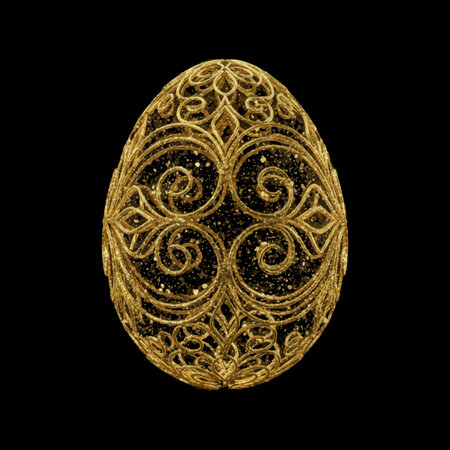 Luxury golden 3d Easter egg with intricate filigree patterns and sparkling glitter dust on a black background. Elegant vector illustration for religious holidays, jewelry, and ornate design.のイラスト素材