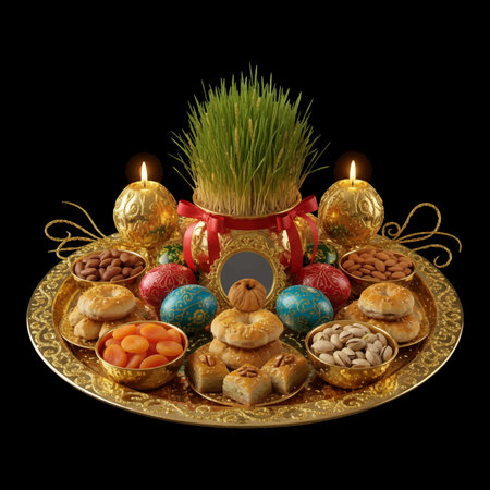 Traditional Nowruz holiday tray with semeni, dyed eggs, nuts, candles, and national sweets like pakhlava. Festive Novruz arrangement on a golden platter isolated on a black background.のイラスト素材