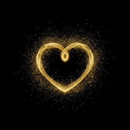 Glowing golden heart silhouette with abstract light trails and sparkling gold dust on a black background. Elegant luxury vector for Valentines Day, wedding, or romantic greeting cards.のイラスト素材