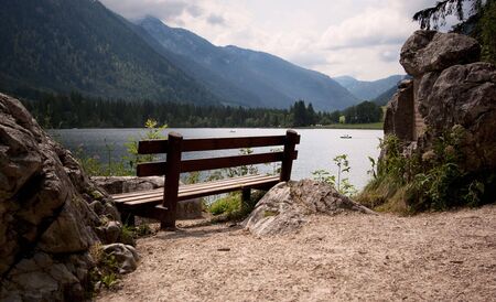 Benches in the bavarian alps, at the Hinterseeの写真素材