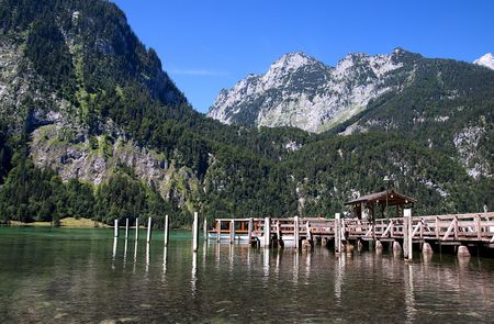 View from the Koenigssee towards the alps in summerの写真素材