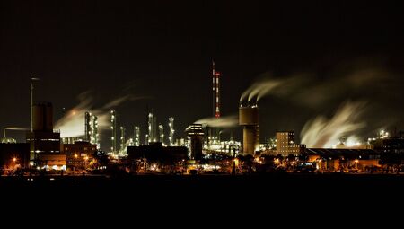 Chemical Factory At Night, with smoke and steamの写真素材