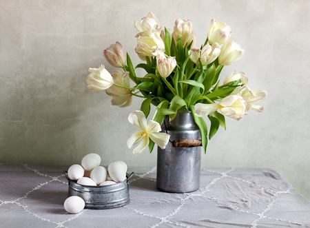 Still Life with Tulips in old milk can and eggs
