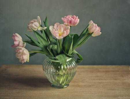Bouquet of beautiful pastel colored pink tulips in glass vases and decorative metal basketの写真素材