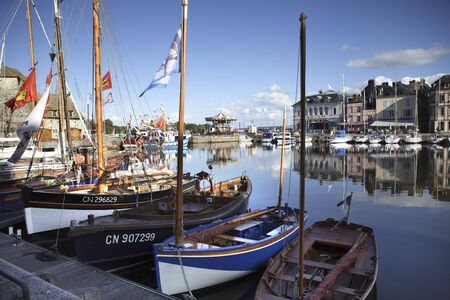 View of Old Town and Ships in Port at Honfleur Normandy Franceのeditorial素材