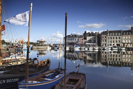 View of Old Town and Ships in Port at Honfleur Normandy France on October 10 2012のeditorial素材