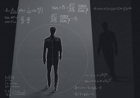 Silhouette of a man inside the universe, physical and mathematical formulas.The concept on scientific and philosophical topics.3d illustrationの写真素材