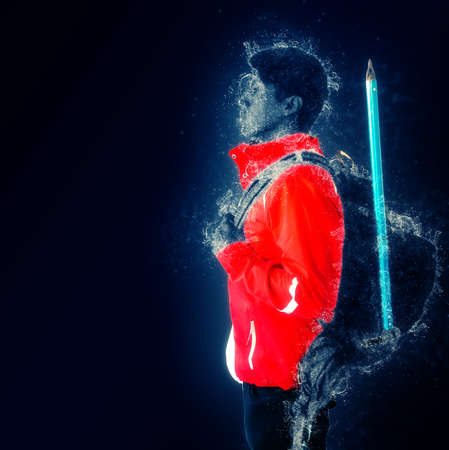 water muscle man, A man wear face mask and hiking to the top of mountain and carrying big backpack