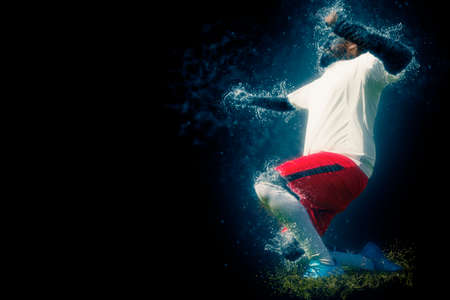 soccer player celebrating goal on a soccer field during the match, water muscle man