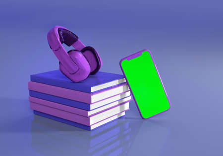 smartphone, headphones, books concept Digital Online Educationの写真素材