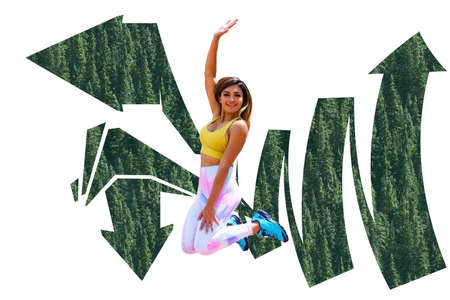 Sporty young woman jump on art paint background