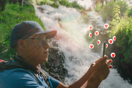 miling backpacker guy using mobile on summer vacation in mexico