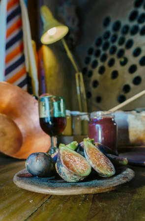 a fig jam and red wine in a jarの写真素材