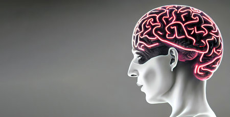 Man head silhouette with glowing synapses in brainの写真素材