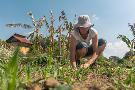 a woman working in permaculture garden