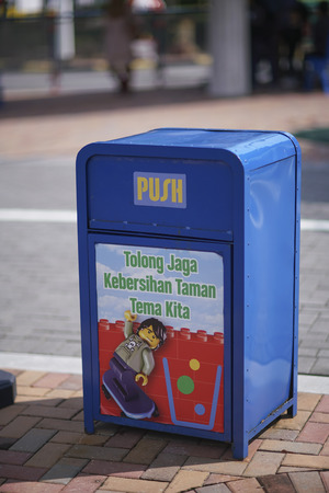 JOHOR, MALAYSIA - JUNE 2017: Legoland Malaysia provide a lot of trash bin around the theme park to ensure cleanliness. Legoland Malaysia is Malaysia's first international theme park that has opened in Iskandar Puteri, Johor, Malaysia on 15 September 2012 のeditorial素材