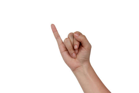Woman's hand showing little finger isolate on white background with clipping pathの写真素材