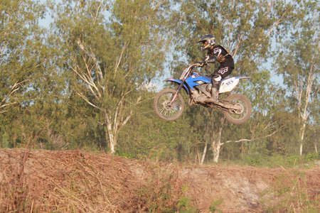 Rayong ,Thailand - JUNE 20, 2020 : Thai Motocross racer rider in action. in practice motocross field at Thailand.のeditorial素材