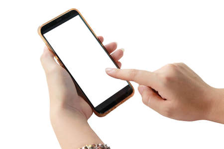 Asian woman's hand holding smart phone and touch screen on the white backgroundの写真素材