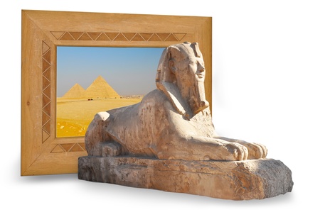Sphinx out from pyramid picture, wooden frameの写真素材