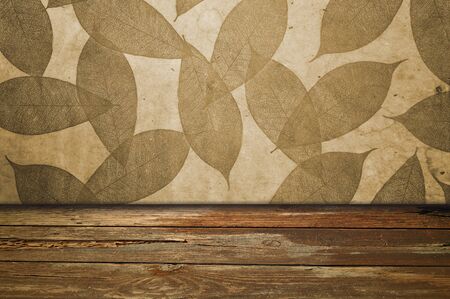Leaf background and wood floorの写真素材