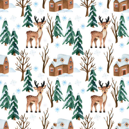 Christmas watercolor seamless pattern with dee, pine trees and housesの写真素材