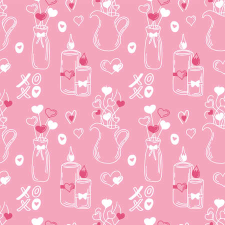 Valentine day romantic vector seamless pattern. Vector love background with hearts, candles, vase, pink and white colours , doodle stileのイラスト素材