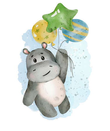 cute hippo with balloon watercolor illustration. Kids hand drawn design.の写真素材