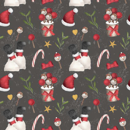 Christmas and new year watercolor seamless pattern. Santa and sweets on dark grey backgroundの写真素材
