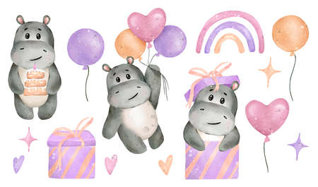 Hand drawn cute isolated watercolor set with hippo in present box, with balloons. Children illustration, with white isolated background.の写真素材