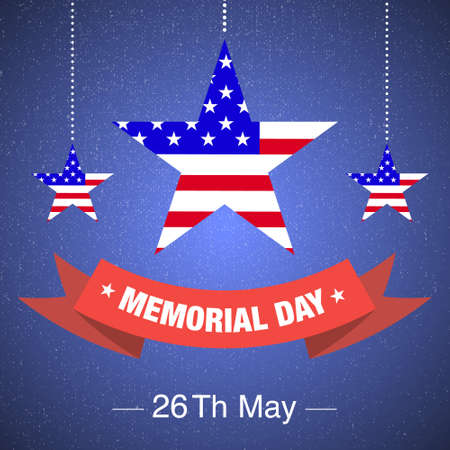 memorial day red ribbon with stars and usa flag on blue backgroundのイラスト素材