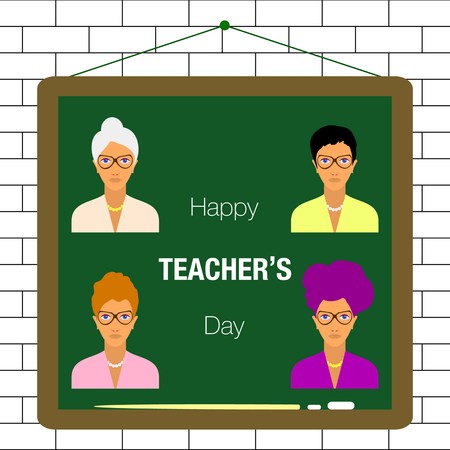 Vector illustration with  Happy Teacher's Day lettering with brown school board background.のイラスト素材