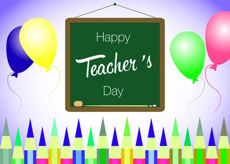 Vector illustration with  Happy Teacher's Day lettering with brown school board background.のイラスト素材