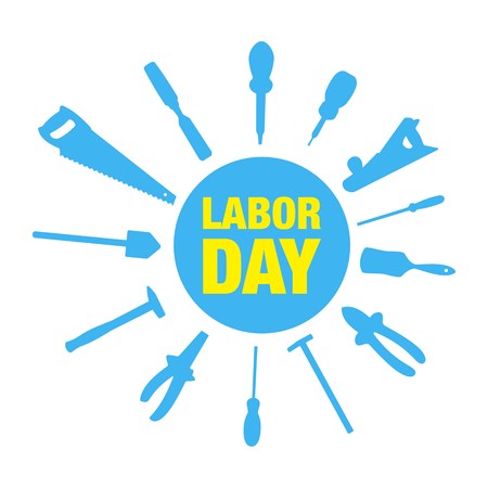 vector illustration wth labor day lettering and building tools backgroundのイラスト素材
