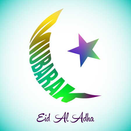 vector illustration with Eid Al Adha Mubarak greeting card background.Islamic half moon Mubarak colorful lettering backgroundのイラスト素材