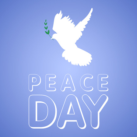 vector illustration with International Peace Day lettering and pigeon greeting card background.Peace Day lettering and pigeon with olive branch on blue backgroundのイラスト素材