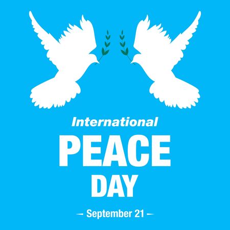 vector illustration with International Peace Day lettering and pigeons greeting card background.Pigeons with olive branch.のイラスト素材