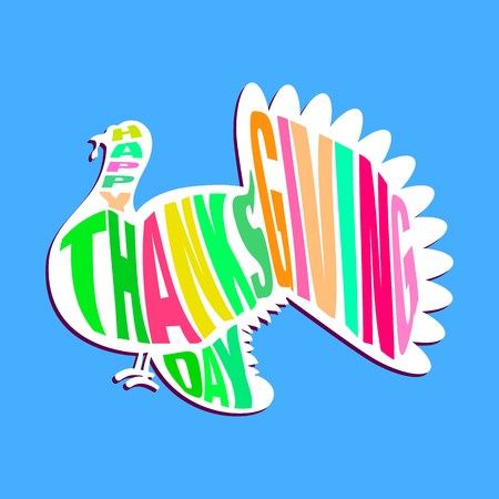 vector illustration with happy thanksgiving day colorful lettering and turkey sticker backgroundのイラスト素材