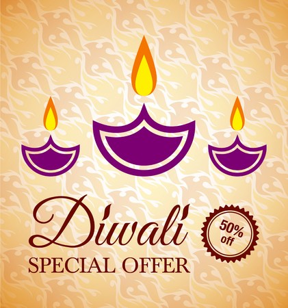 vector illustration with happy diwali word lettering greeting card background.Happy diwali festival of lights special offer greeting card with indian lamps.のイラスト素材