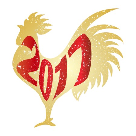2017 year typography design illustration with red rooster and snowflakes on white backgroundのイラスト素材