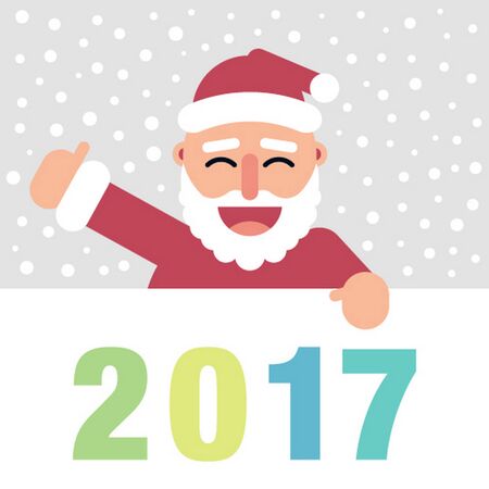 vector illustration with flat santa claus character and snowflakes on blue background