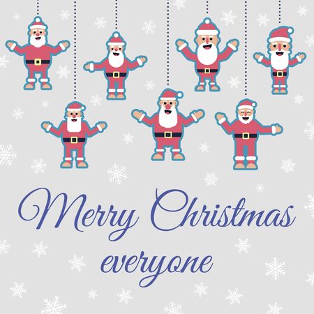 vector illustration with flat santa claus character, snowflakes and merry christmas everyone letteringのイラスト素材