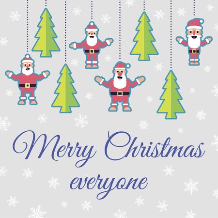 vector illustration with flat santa claus character, snowflakes, christmas tree and merry christmas everyone letteringのイラスト素材